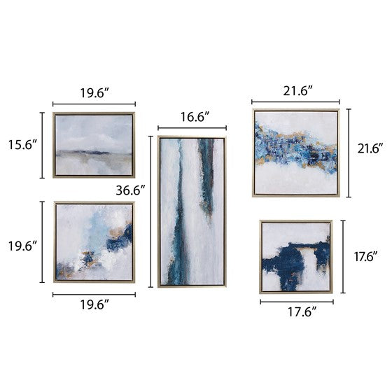 Blue Drift Abstract 5-piece Gallery Framed Canvas Wall Art Set