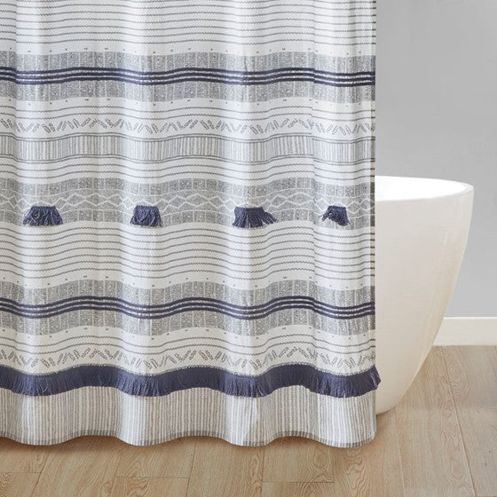 Cody Cotton Stripe Printed Shower Curtain with Tassel